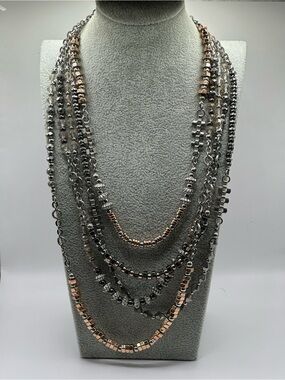 Multi Strand Statement Necklace Silver Rose Gold Black Beaded Layered